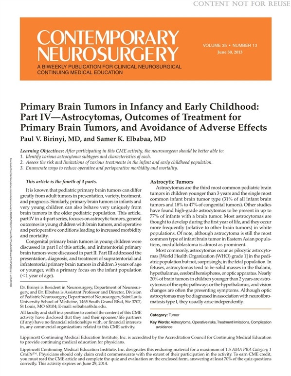 Primary Brain Tumors in Infancy and Early Childhood